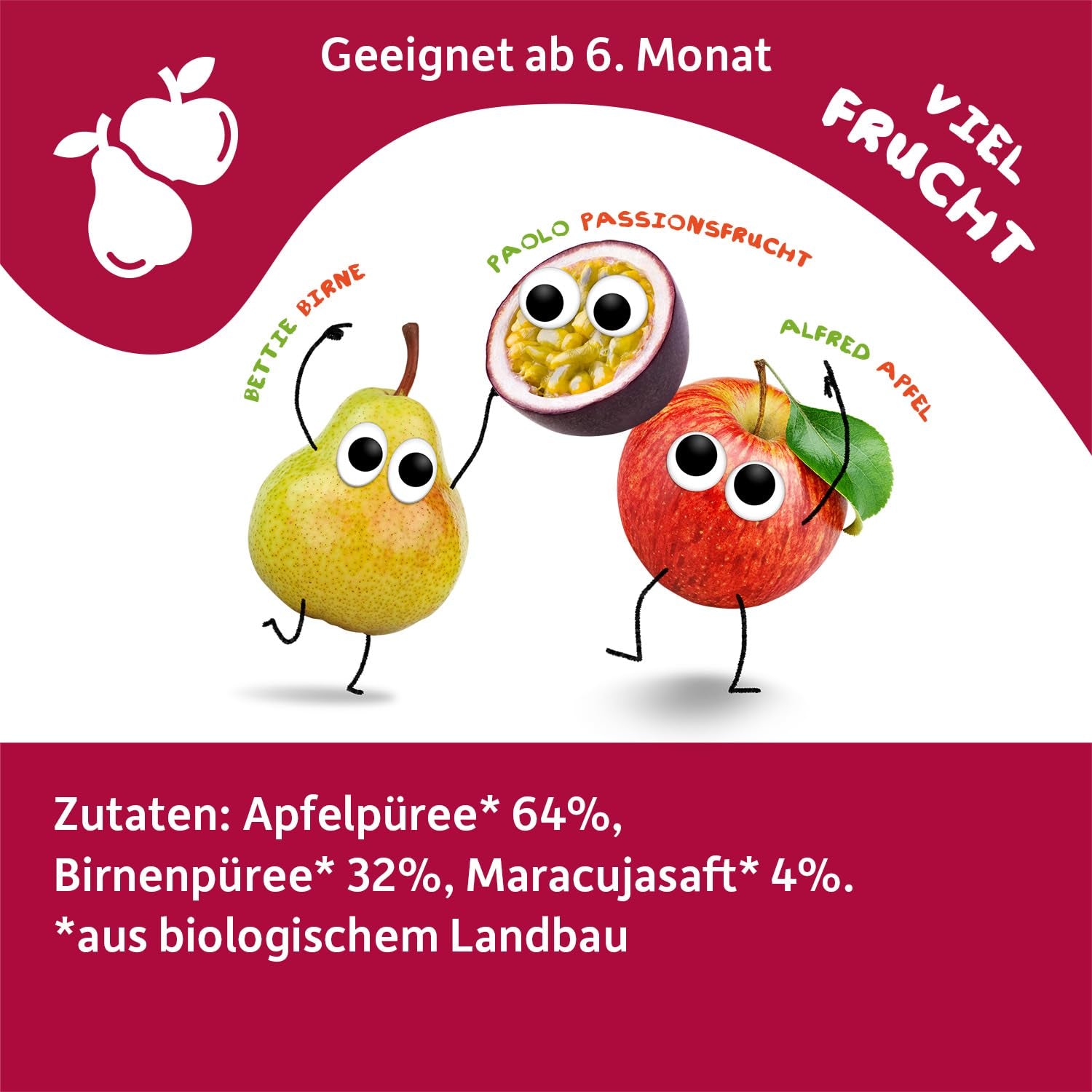FRECHE FREUNDE Bio Quetschie Apple, Birne & Maracuja, Fruchtmus mit Obst im Quetschbeutel for Babies from 6. Month, vegan, 6er Pack (6 x 100g)