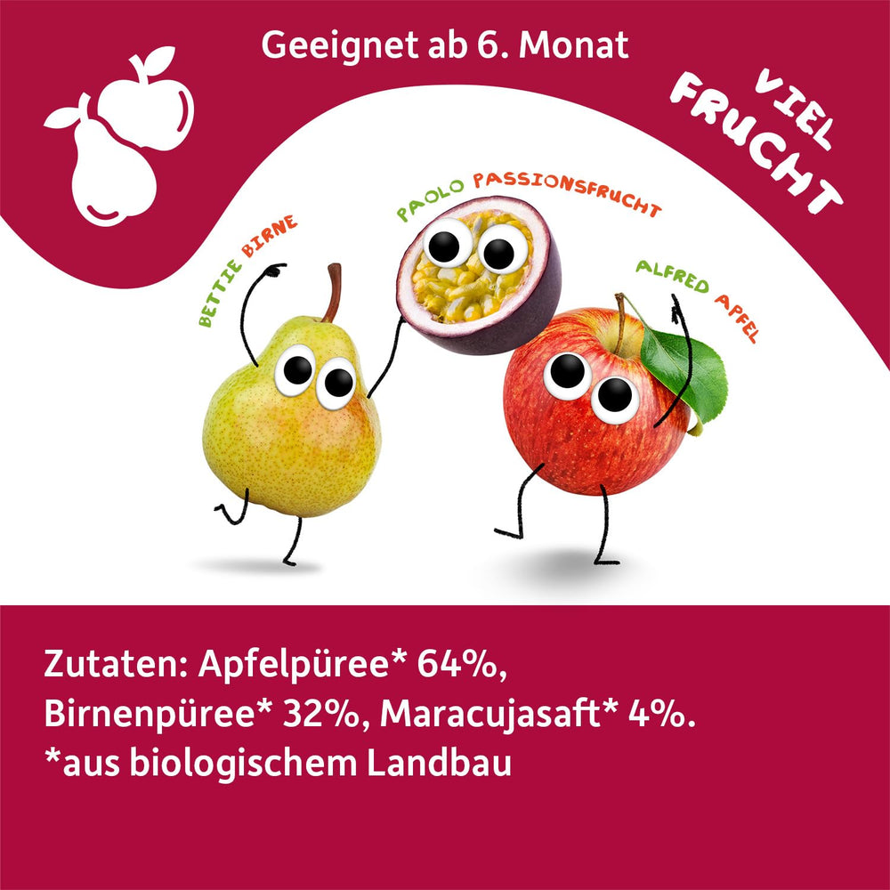 FRECHE FREUNDE Bio Quetschie Apple, Birne & Maracuja, Fruchtmus mit Obst im Quetschbeutel for Babies from 6. Month, vegan, 6er Pack (6 x 100g)