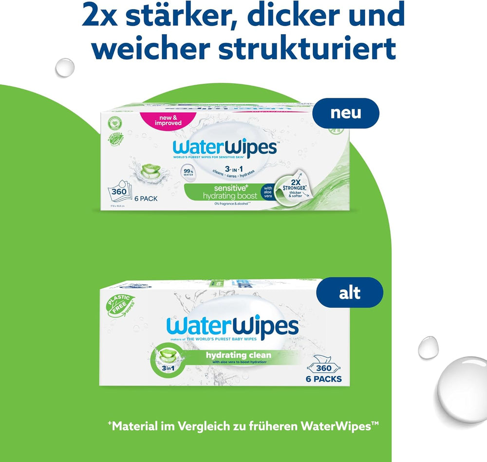 WaterWipes Sensitive+ Hydrating Boost vådservietter, hydrerende servietter, 360 stykker (6 pakke), 3 i 1 rene, pleje, hydrere, 99 % aloe vera vand, uparfumerede babyservietter