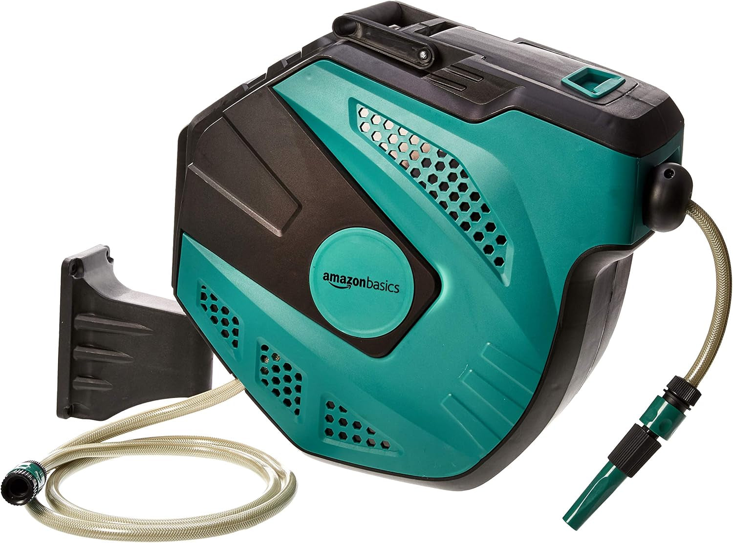 Rolă de furtun de perete Amazon Basics cu furtun, înfășurare automată, 15 m, verde bleumarin, negru