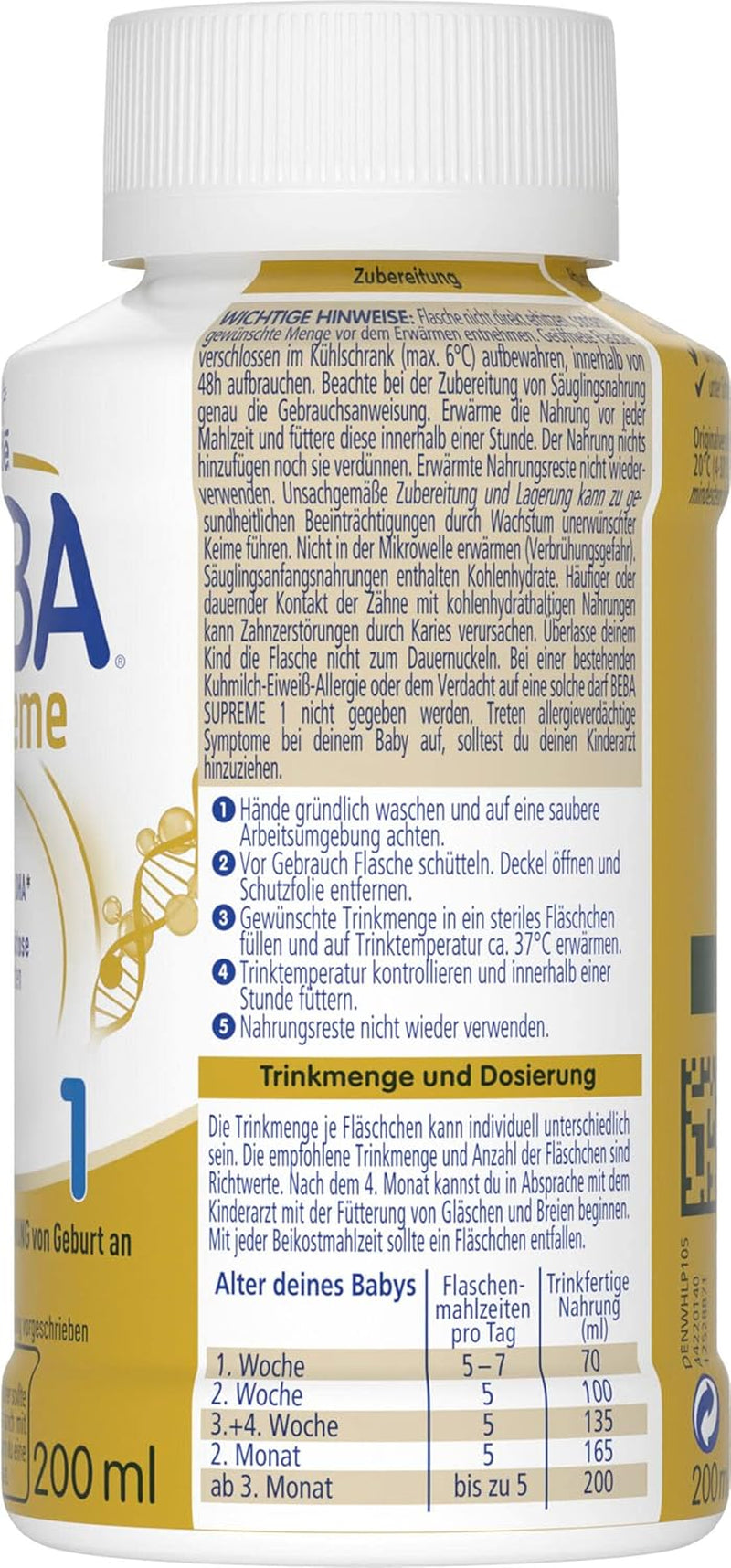 BEBA Nestlé BEBA SUPREME 1 Spædbørnsmælk: drikkeklare flasker med Omega 3, pakke med 4 (1 x 200 ml)