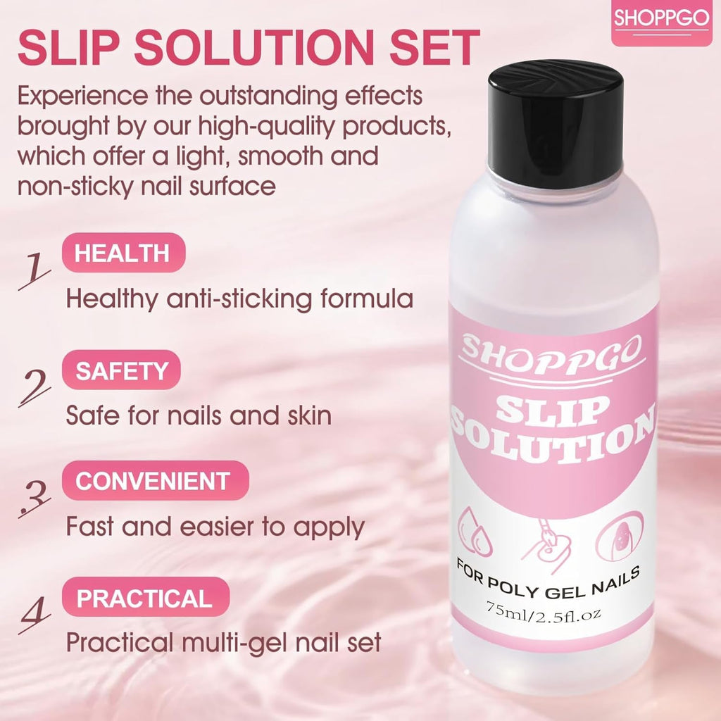 Soluție de îndreptare Polygel, Kit pentru unghii Polygel Slip Solution, Soluție de îndreptare 75 ml, Include 5 cleme pentru vârfuri de unghii, 3 perii de unghii, 1 cupă de cristal, 100 foi de curățare