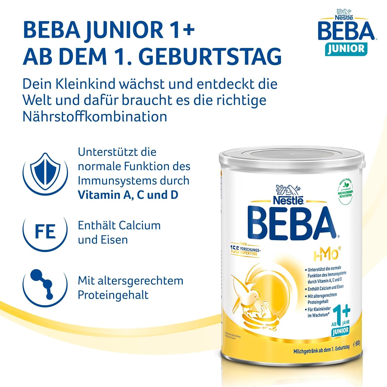 BEBA Junior 1+ mælkedrik fra 1 år, med HMO, alderssvarende proteinindhold, kun laktose, ingen palmeolie, ingen fiskeolie, småbørnsmad, babymælkpulver, pakke med 6 (6 x 800 g)