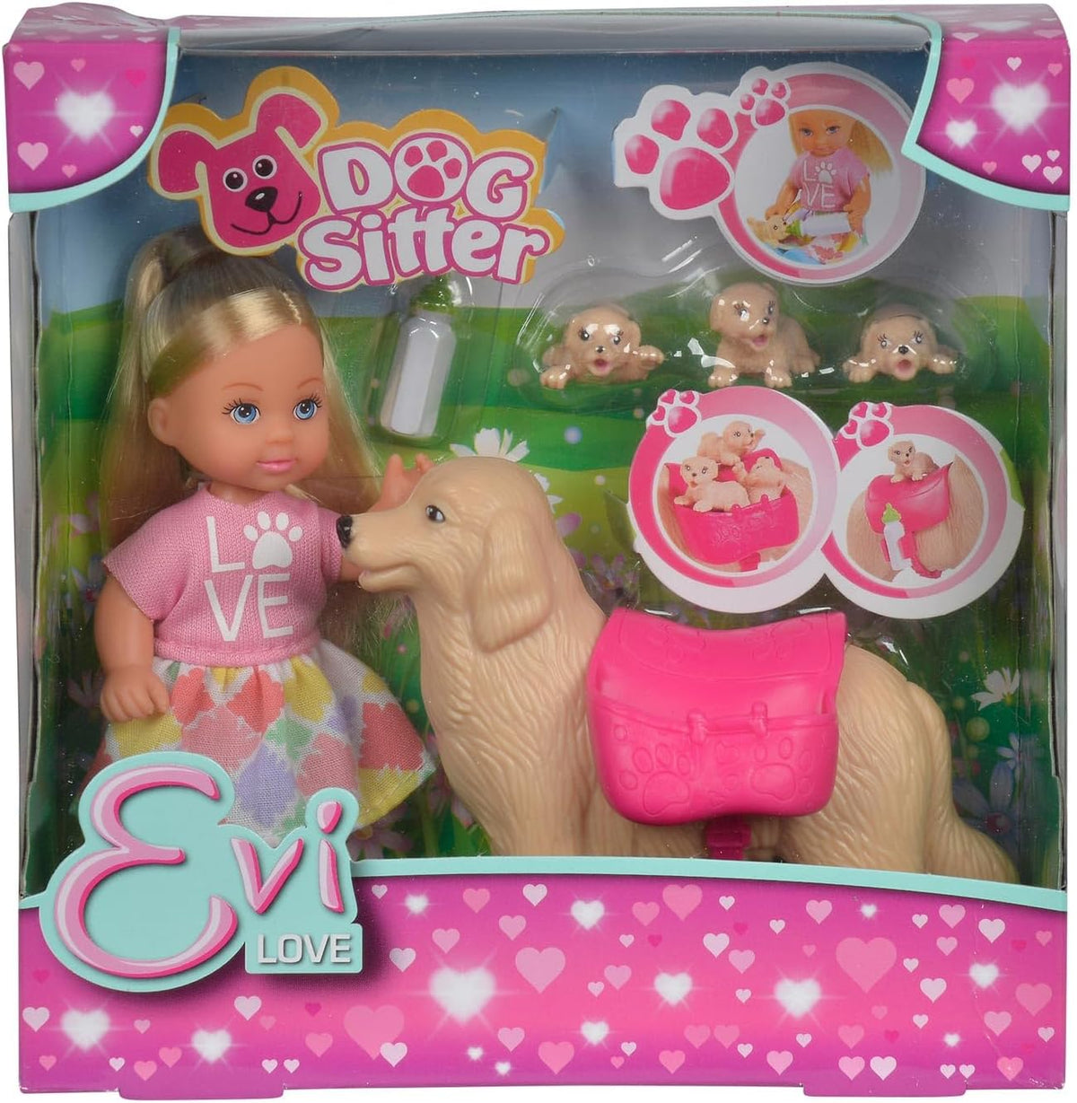 Simba 105733072 - Evi Love Dog Sitter, cu câine și trei căței, accesorii, păpușă de modă, 12 cm, pentru copii cu vârsta de 3 ani și peste