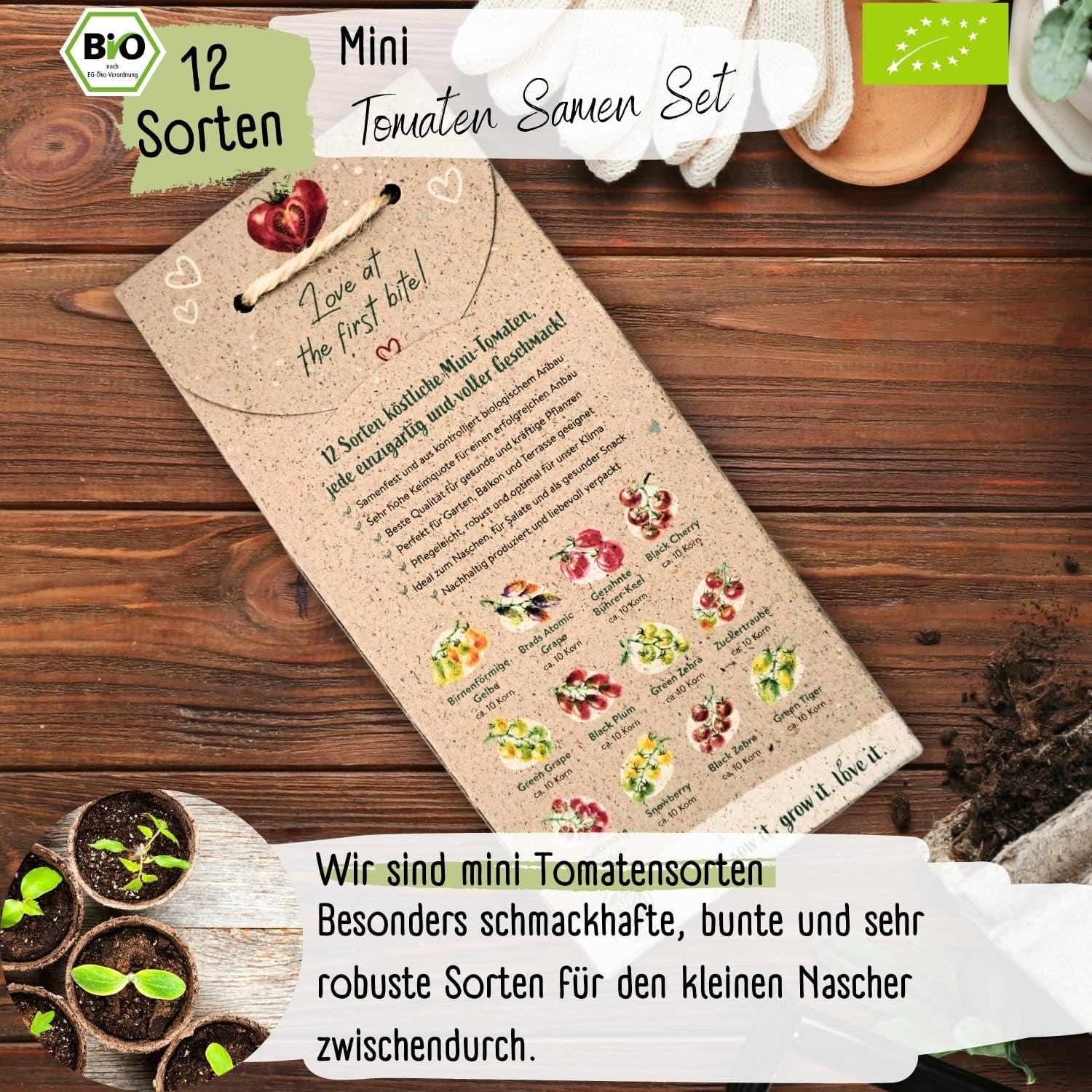 Økologisk mini tomatfrøsæt: 12 sorter af frit dyrkede tomater | Sjælden og familie cocktail, kirsebær og oksekød tomatfrø | Grøntsagsfrø til altan, højbed, have og gave | Kærlighedsplanter