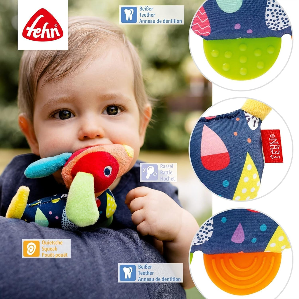 Fehn 055283 Jucărie de prindere câine cu teether COLOR Friends - Jucărie pentru copii cu clopoțel, squeaker și teether moale pentru bebeluși și copii mici de la 0+ luni - Dimensiune: 16 cm Jucarii Bebe Naty Shop