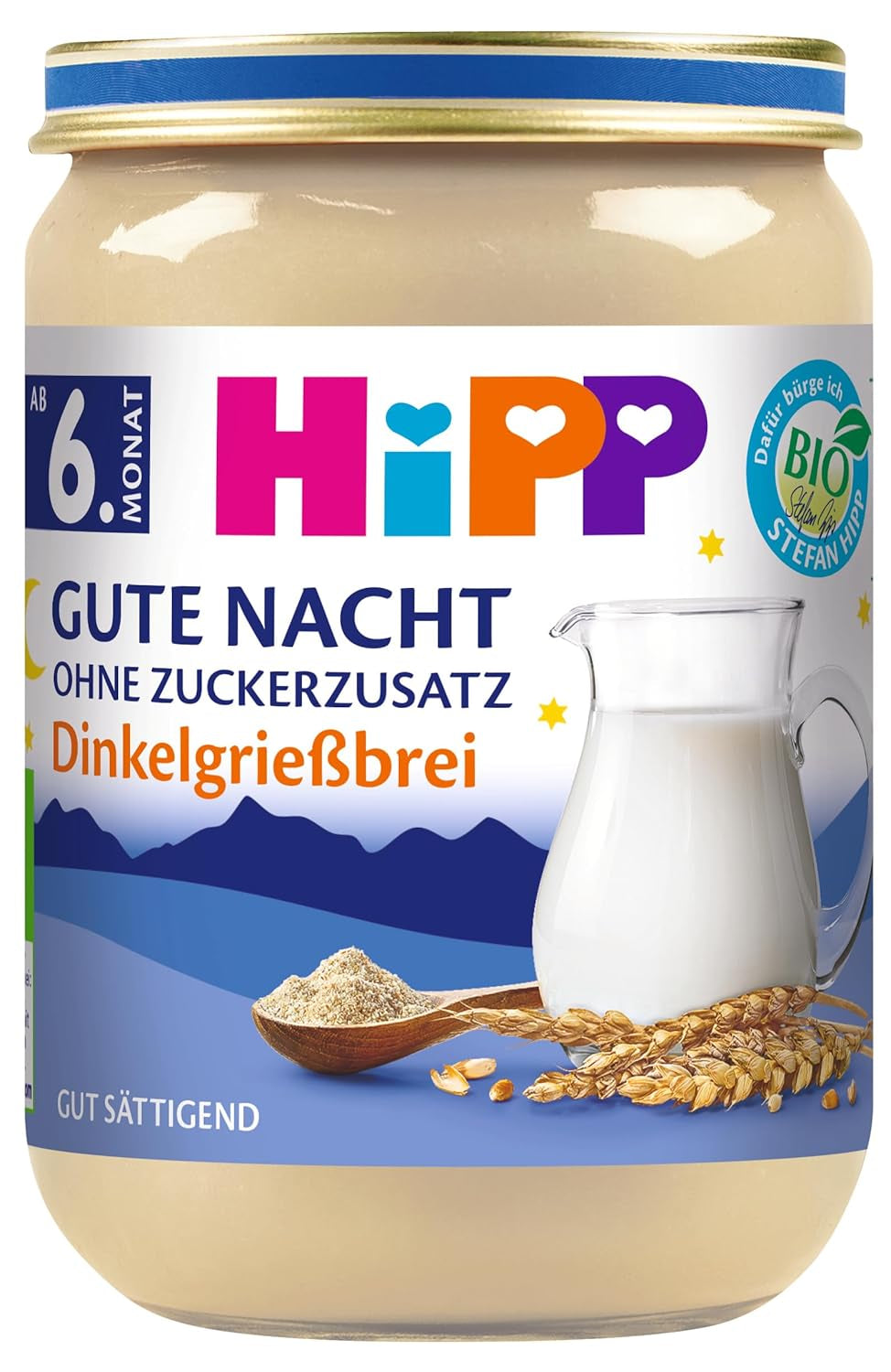 HiPP Bio Gute Nacht Dinkelgrießbrei (6 x 190g), Babybrei ab 6. Monat, ohne Zuckerzusatz, gut sättigend, i bedre Bio-Qualität