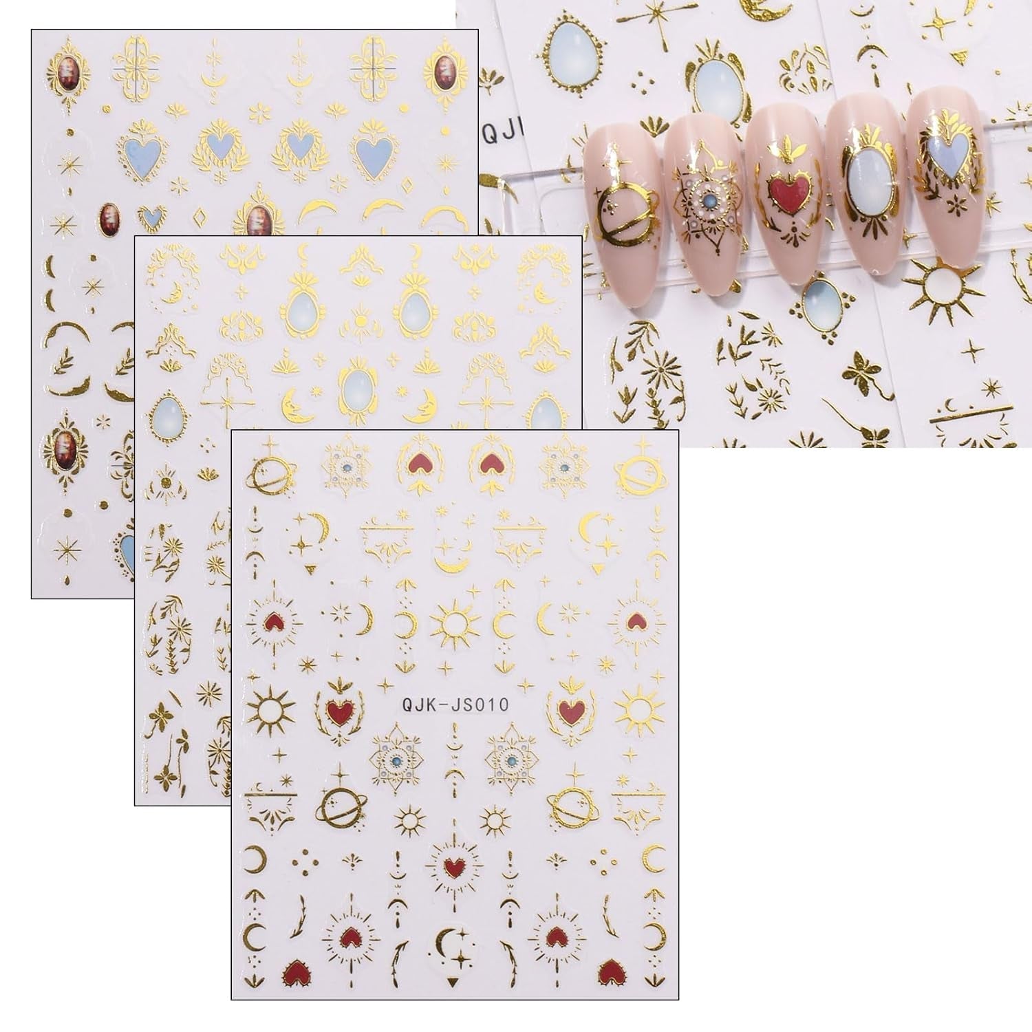 JMEOWIO Nagelsticker Herz Mond Stern 9 Blatt Nail Art Sticker Selbstklebend Nagelaufkleber Bunt Dekoration Nageldesign Zubehör