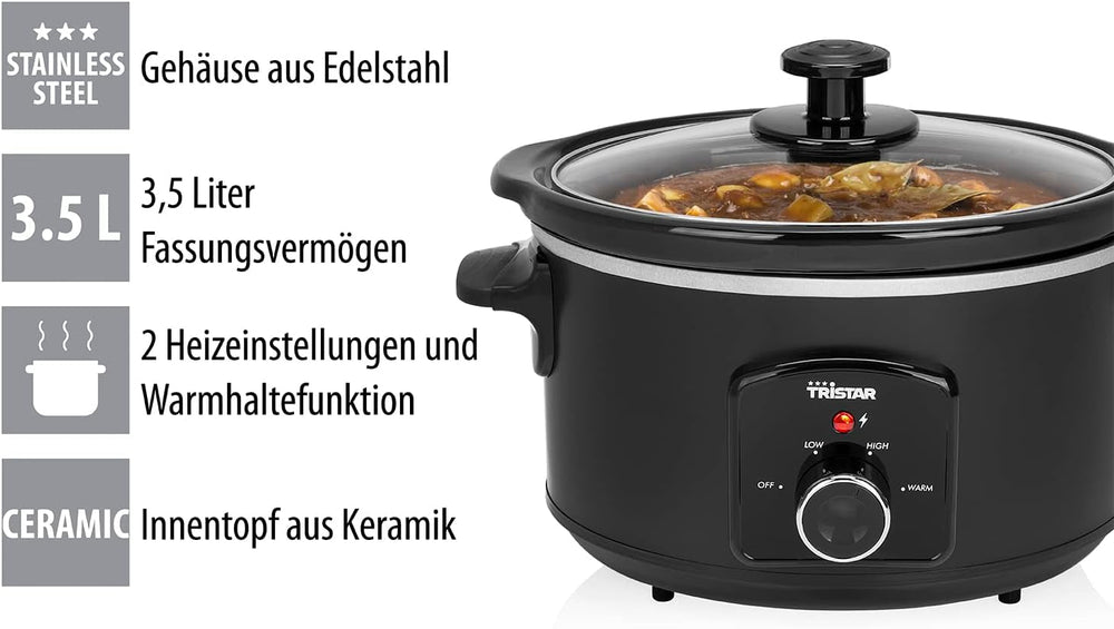 Tristar VS-3915 slowcooker, keramisk gryde i rustfrit stål med 2 varmeindstillinger og holde varm funktion, 3,5 L Slow Cooker Naty Shop