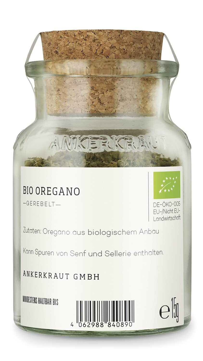 Ankerkraut BIO Oregano, gerebeltes Küchen-Kraut, 15 g i korkglas, Bio-Qualität zum selber Sürzen, Gewürz mediterranean Küche für Pizza & Pasta
