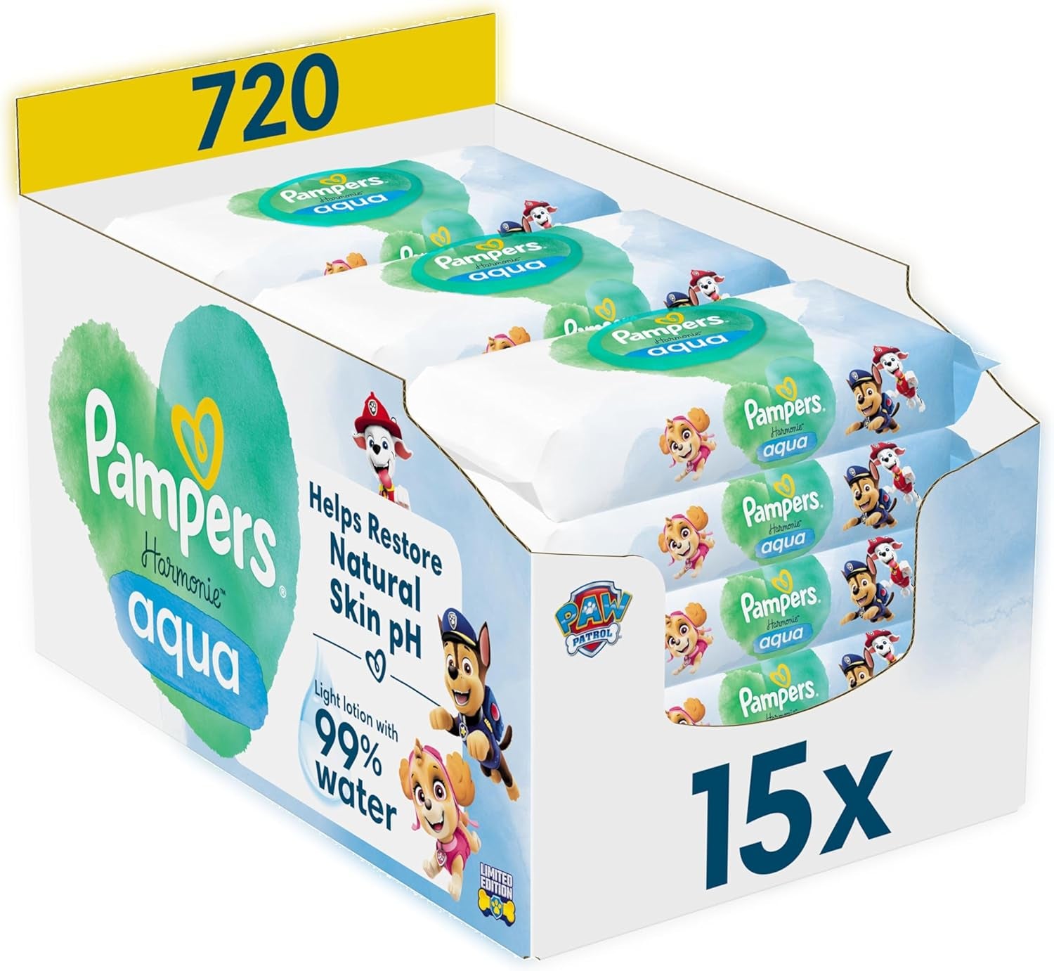 Pampers Harmony Aqua Babyservietter Paw Patrol 15 Pakke med 48 Servietter 720 Babyservietter hjælper med at genoprette hudens naturlige pH-balance Light Lotion 99% Vand