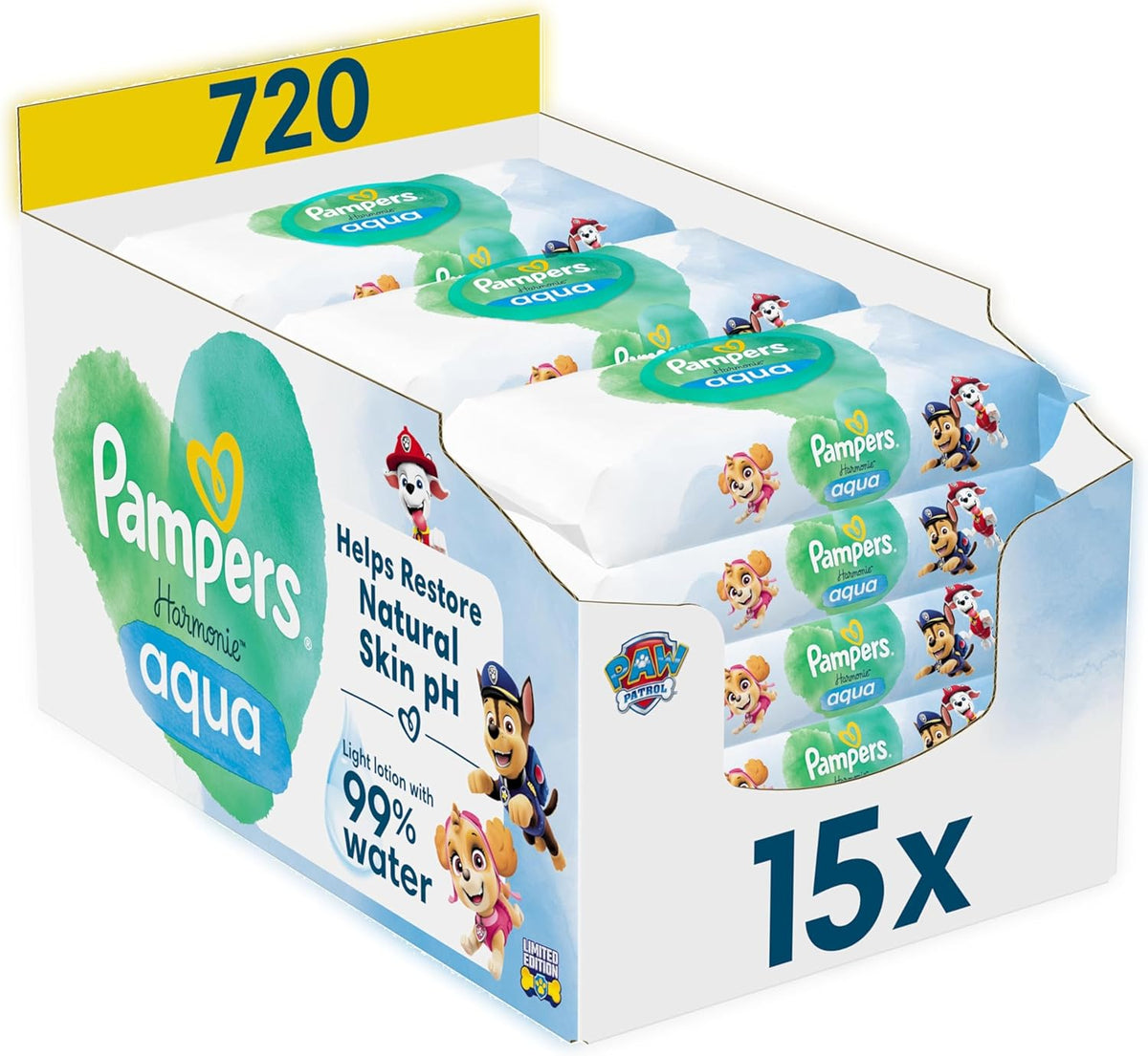 Pampers Harmony Aqua Babyservietter Paw Patrol 15 Pakke med 48 Servietter 720 Babyservietter hjælper med at genoprette hudens naturlige pH-balance Light Lotion 99% Vand