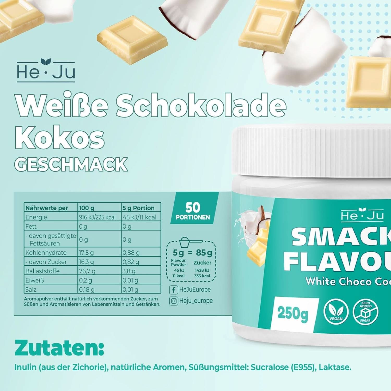 He-Ju, Pulver med hvid chokolade og kokossmag, 250 gram Aromas Naty Shop