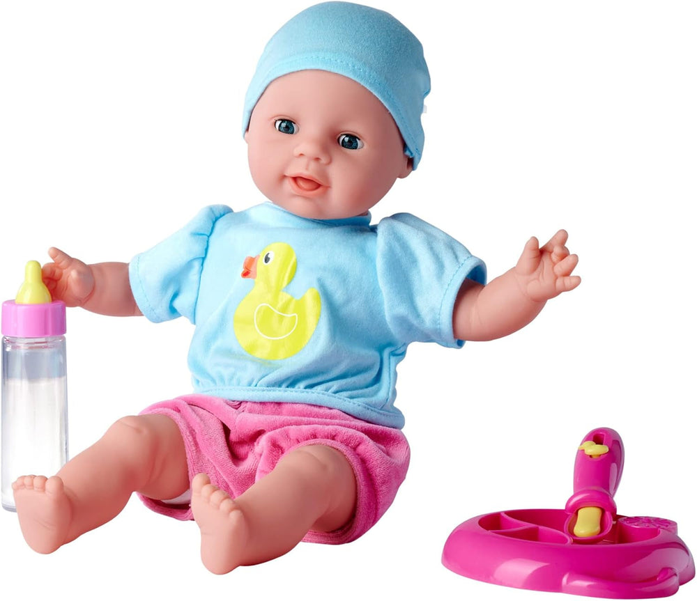 Simba 105010964 - Laura Hungry blød kropsdukke med mannequin, trylleske, flaske med forsvindende indhold og lille tallerken, 38cm, dukke fra 2 år Naty Shop Dolls