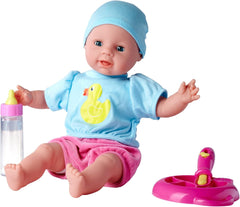 Simba 105010964 - Laura Hungry blød kropsdukke med mannequin, trylleske, flaske med forsvindende indhold og lille tallerken, 38cm, dukke fra 2 år Naty Shop Dolls