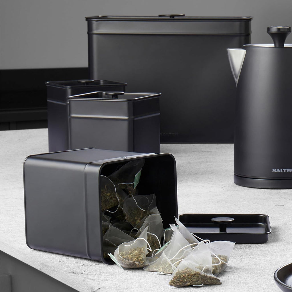 Salter BW12614EU7 Set de cutii de depozitare Kuro - 4 recipiente de bucătărie, pâine/ceai/cafea/zahăr, cutii pătrate de organizare, ușor de curățat, păstrează alimentele proaspete, negru Cutii depozitare alimente Naty Shop