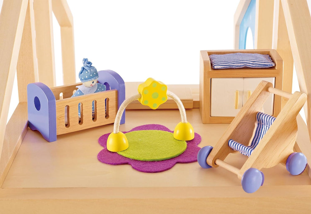 Hape Baby Room – Set cameră de păpuși din lemn, mobilier pentru păpuși pentru copii, accesorii pentru casă de păpuși pentru copii mici, cameră de copii în miniatură cu leagăn și accesorii, joc de rol de la 3 ani