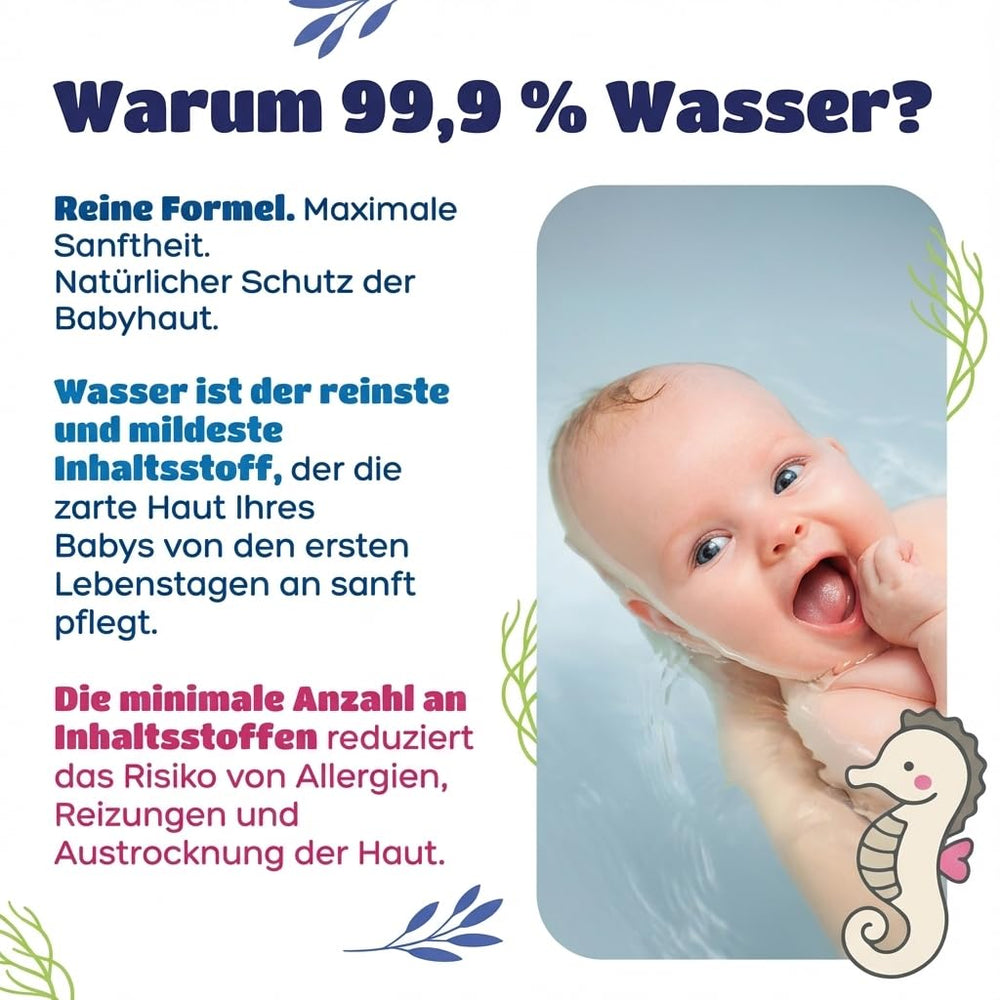 Kindii Water Care Wet Wipes - Aqua Baby Wipes - 100 % viskose, 99,9 % vand, grapefrugtekstrakt, tørklæde størrelse 150x200, 100 % biologisk nedbrydeligt, plastikfri, renseservietter til følsom hud