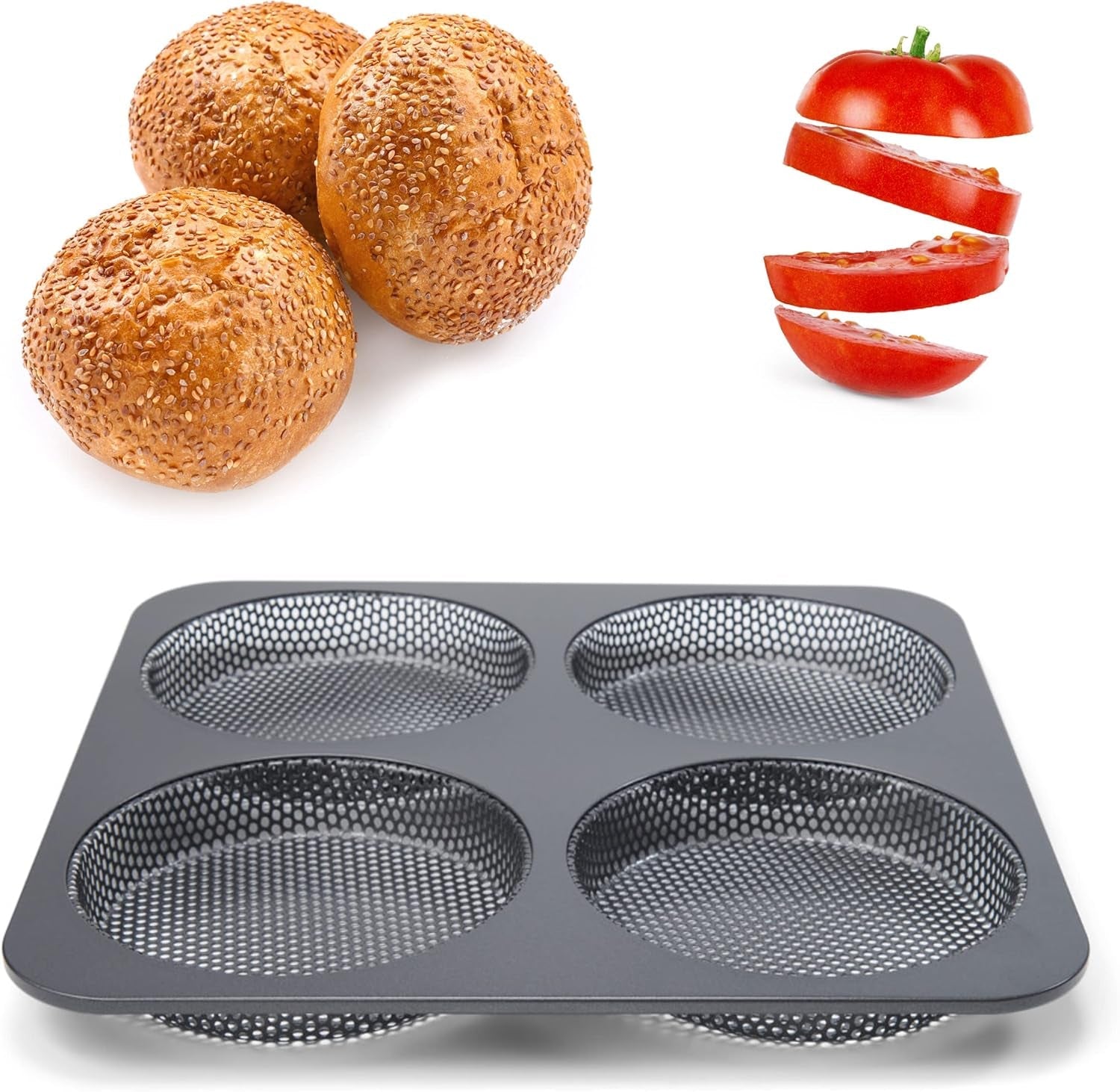 Hamburgerbrötchen, Perforiert, Antihaftbeschichte, 4 Runde Mulden Mit Je 12 Cm, Pfannengröße 28 X 28 Cm, 2,5 Cm Tief, Mittelgroß, Schwarz Forme og plader til bagning Naty Shop