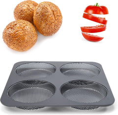 Hamburgerbrötchen, Perforiert, Antihaftbeschichte, 4 Runde Mulden Mit Je 12 Cm, Pfannengröße 28 X 28 Cm, 2,5 Cm Tief, Mittelgroß, Schwarz Forme og plader til bagning Naty Shop