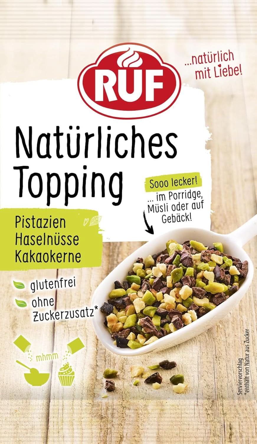 RUF rischips, ingen kunstige tilsætningsstoffer, frugtblanding til grød og kager, glutenfri, vegansk, 15 gram drys Naty Shop 30 gram pistacie, kakao, hasselnød