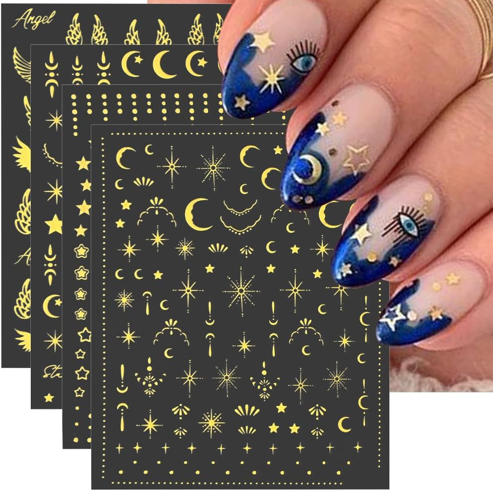 8 coli de autocolante pentru unghii cu stele și lună aurie, aripi de înger, autocolante pentru unghii bronzante, aurii, stele, folie de unghii, autocolante autoadezive pentru unghii, accesorii pentru design unghii, autocolante pentru unghii