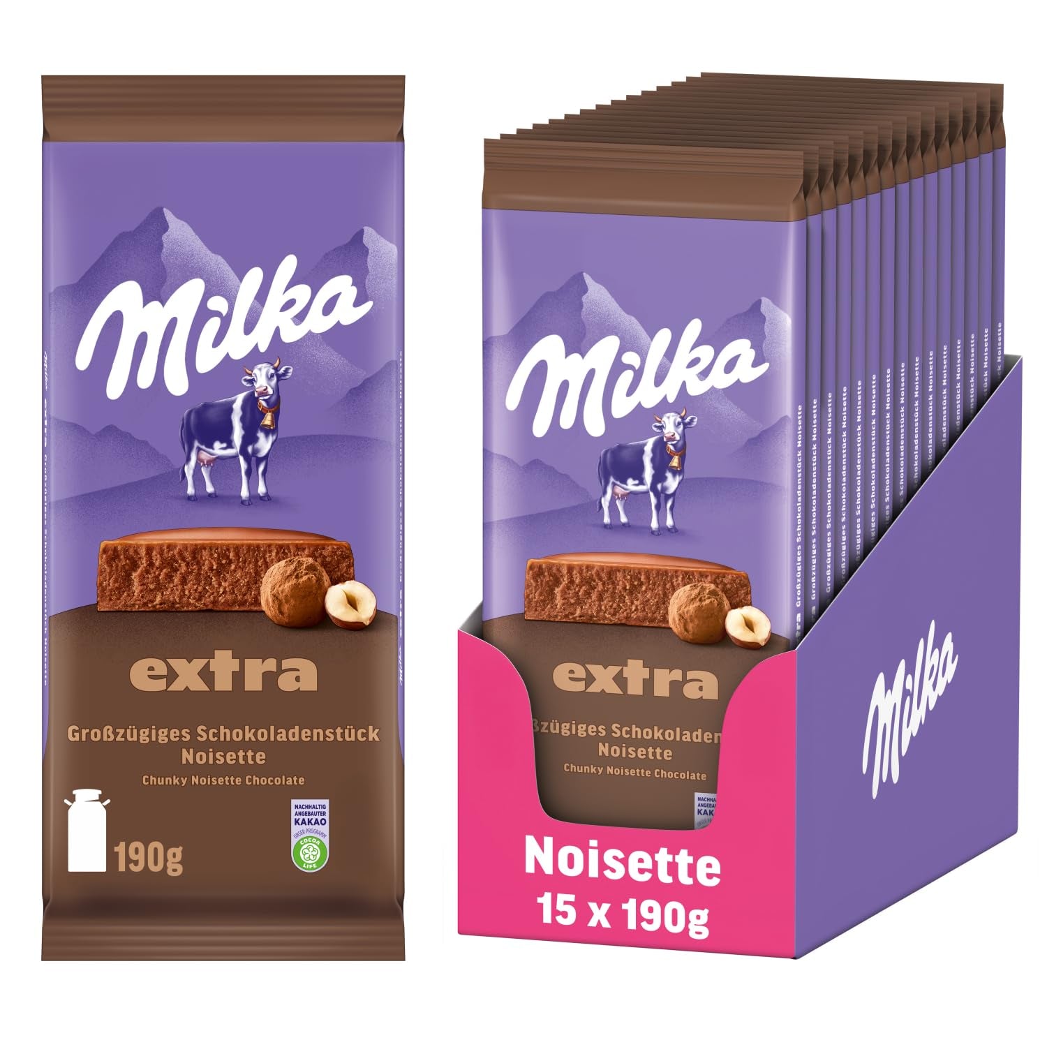 Milka Extra Noisette – Alpine mælkechokolade med delikat og cremet hasselnøddefyld – 15 x 190 g