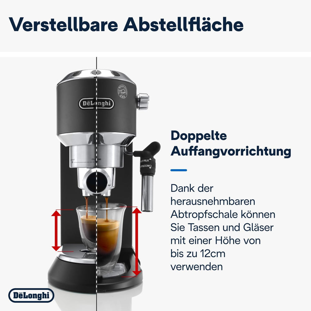 De'Longhi Dedica Style EC 685.B – Espressor cu portafiltru, espressor cu spumator de lapte profesional, doar 15 cm lățime, pentru cafea măcinată sau capsule ESE, rezervor de apă de 1 l, negru