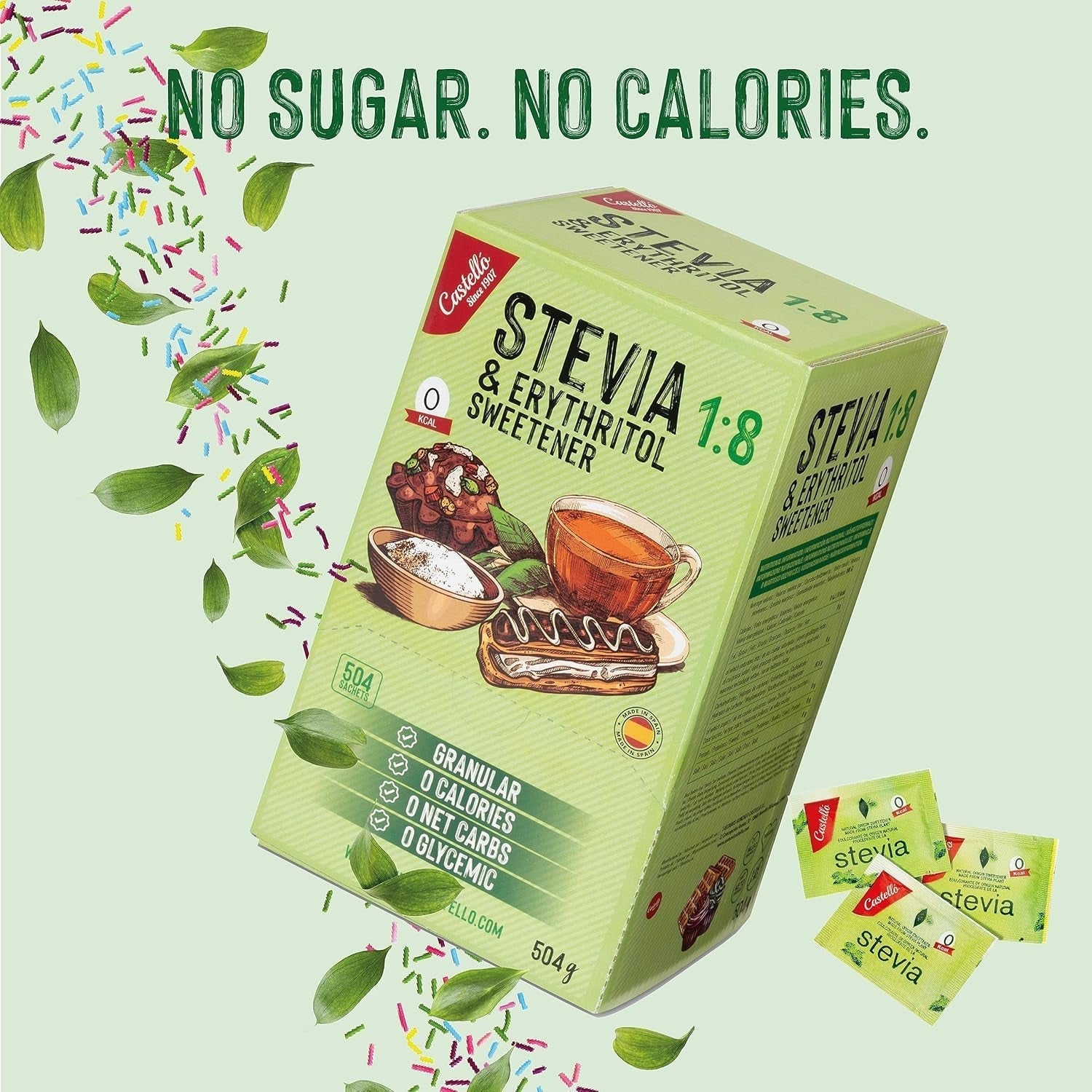 Stevia + Erythrit 1:8 Süßstoff | 504 Beutel Mit 1 G | 100% Natürlicher Zuckerersatz - 0 Kalorien - 0 Glykämischer Index - Keto Und Paleo - 0 Kohlenhydrate - Kein GVO - Castello since 1907 - 504 G Indulcitori Naty Shop