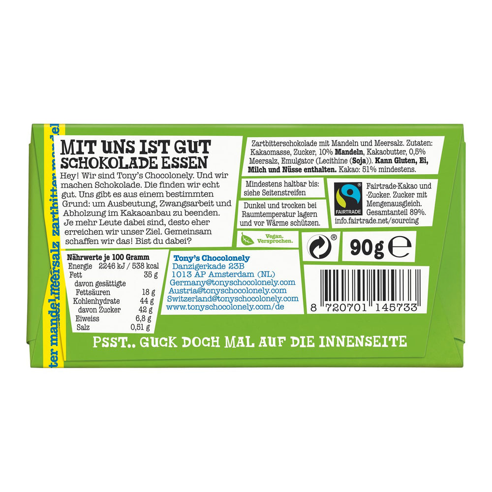 Tony's Chocolonely - Mørk chokolade med mandler og havsalt 90g