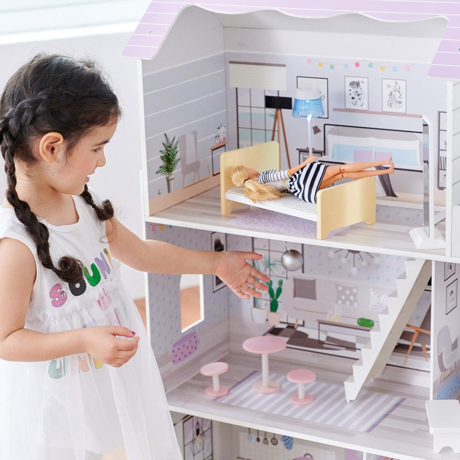 Teamson Kids Casa de păpuși gigantică Olivia's Little World cu 16 accesorii pentru păpuși, casă de păpuși din lemn cu mobilier, cu 3 etaje, casă de păpuși pentru copii de 30 cm, vârste 3+