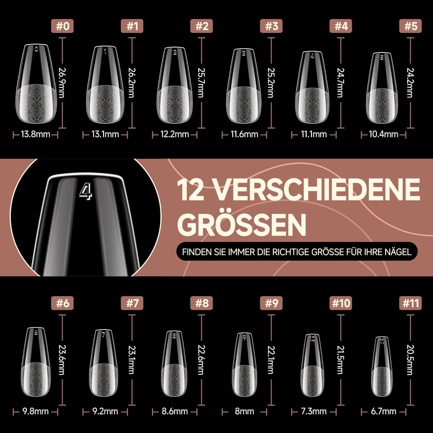 Tipuri de unghii balerină pentru unghii cu gel, 216 bucăți, 12 mărimi, tipuri de unghii cu gel moale, acoperire completă, set pentru extensii de unghii, semi-mate, DIY, artă acasă