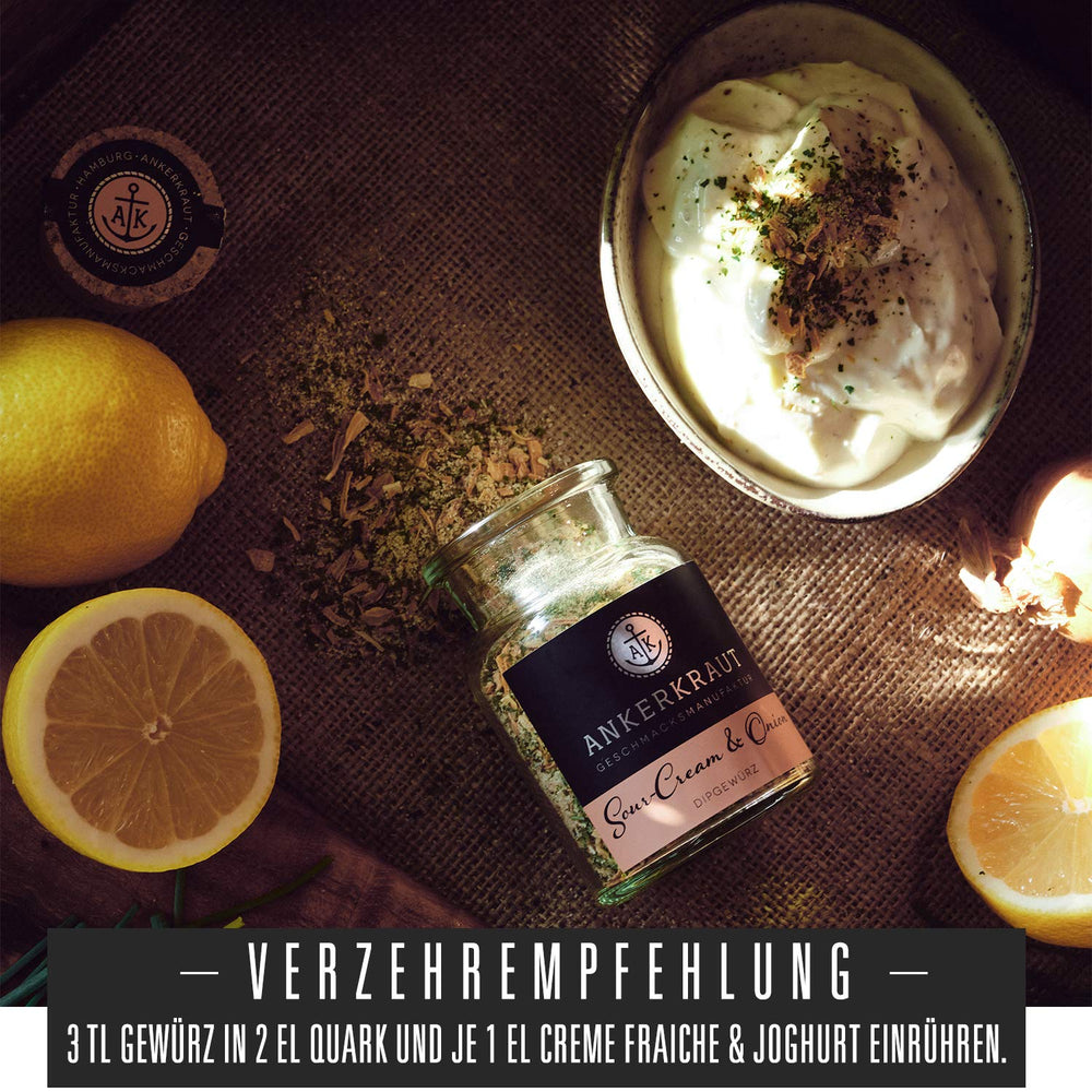 Ankerkraut "Sour-Cream & Onion", Dip-Gewürzmischung til Kartoffelspalten, Brot, Fleisch eller Chips, 160g i aromadichten pose