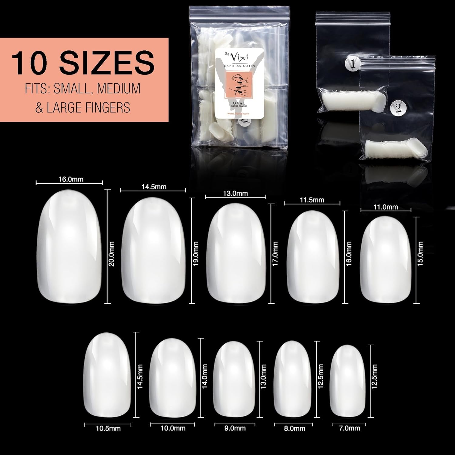 Extensii de unghii Vixi 600 scurte, ovale, cu pilă pregătitoare, 10 mărimi - Acoperire completă, opacă. Pentru profesioniști și uz casnic.