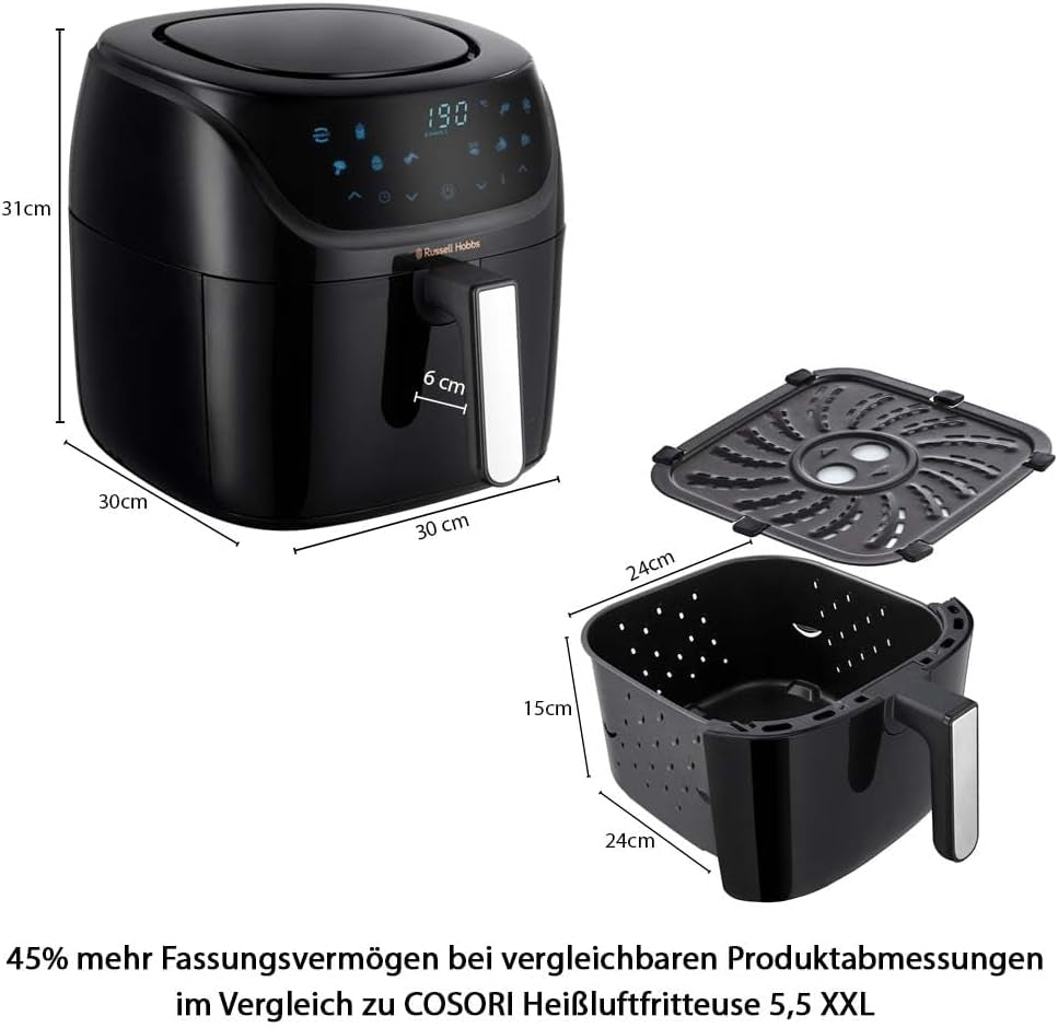 Russell Hobbs Heißluftfritteuse XXL 8L Rapid Airfryer [Kompaktes Gehäuse,7 Kochfunktionen,10 Program] Satisfry (Spülmaschinenfest, Max 220°C, Fritteuse Ohne Oel, Grillen, Backen, Braten) 27170-56 Naty Shop