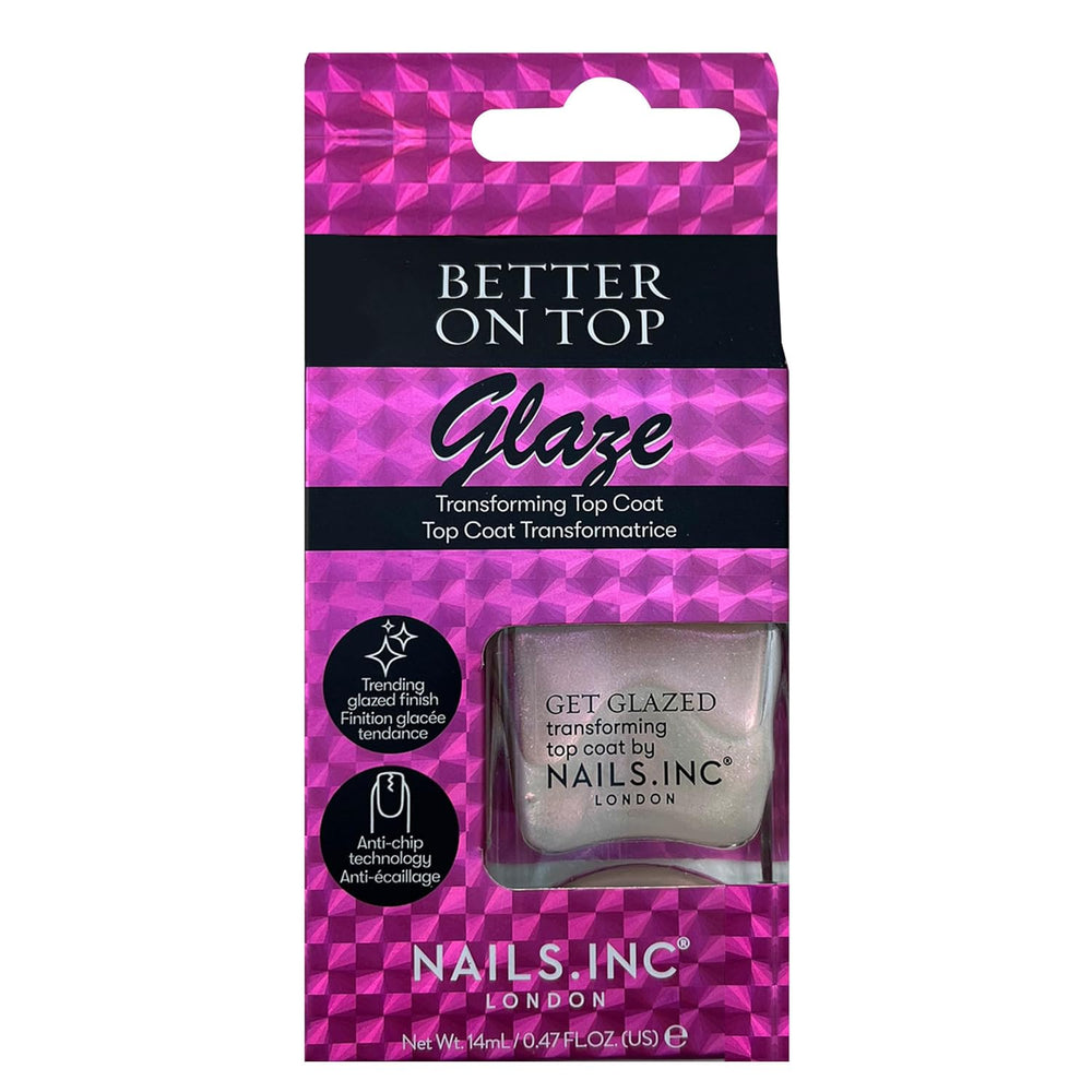 Nails Inc Bedre på toppen, få glaseret, blank, skinnende, neglepels, ingen spaltning, langtidsholdbar, hurtigtørrende, lufttørre, professionel manicure og pedicure, finger- og tånegle, vegansk neglelak, 14ml