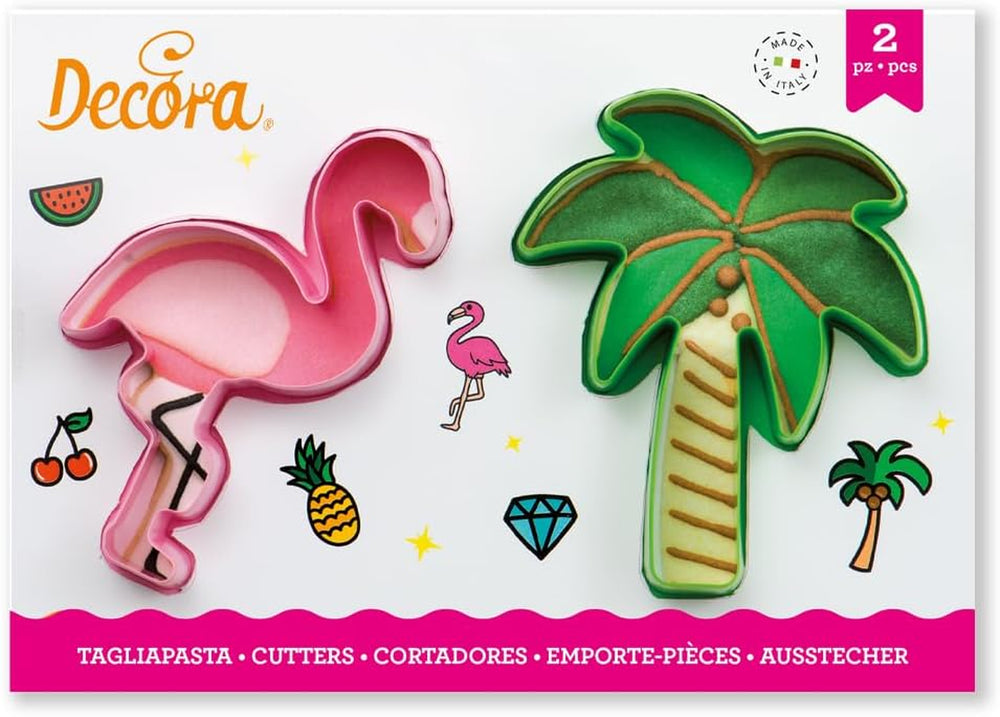 0255071 FORME DE FORMAT PLASTIC FLAMINGO ȘI PALMIER SET 2 PIESE 10/9.5XH2CM, Verde/Roz