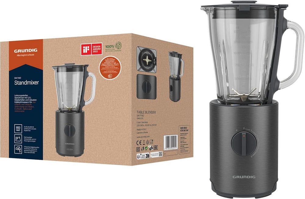 Grundig Delisia Novus SM 7140 Professionel Standmixer, 1,5 liter, 800 Watt, 6-Fach Edelstahlmesser Mit Zirkonium-Beschichtung, 5 Geschwindigkeitsstufen + Pulse-Funktion, Dark Inox/Edelstahl Kitchen Naty Shop