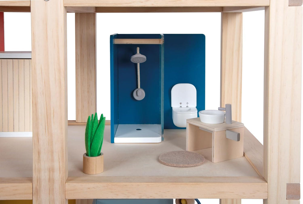 Lille fod, naturlig farve trædukkehus - 3-etagers med tagterrasse og 51-delt møbelsæt tilskynder til kreativ leg, velegnet til alderen 3+ 12541 Naty Shop dukkehuse