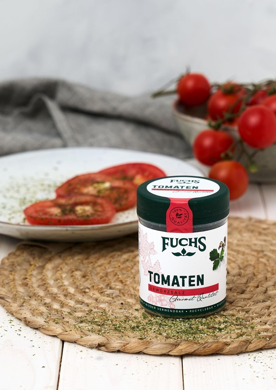 Fuchs Gewürze - Tomat Gewürz - Gewürzsalz für Tomatenbrot, Frühstücksei eller Steak - naturlige ingredienser - 90 g i wiederverwendbarer, genbrugsbarer Dosis