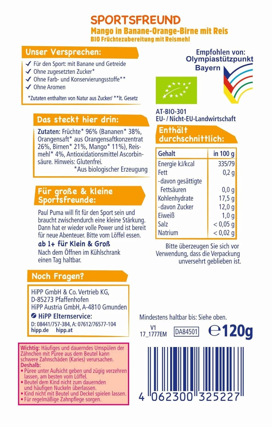 Hipp squeeze poser, 100% økologisk frugt uden tilsat sukker, 6 X 120 gram Mother and Child Naty Shop