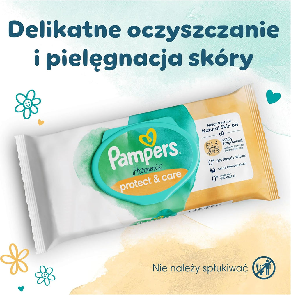 Pampers Harmonie Protect & Care vådservietter, 18 pakker med hver 44 servietter = 792 servietter, der hjælper med at genoprette hudens naturlige pH-balance