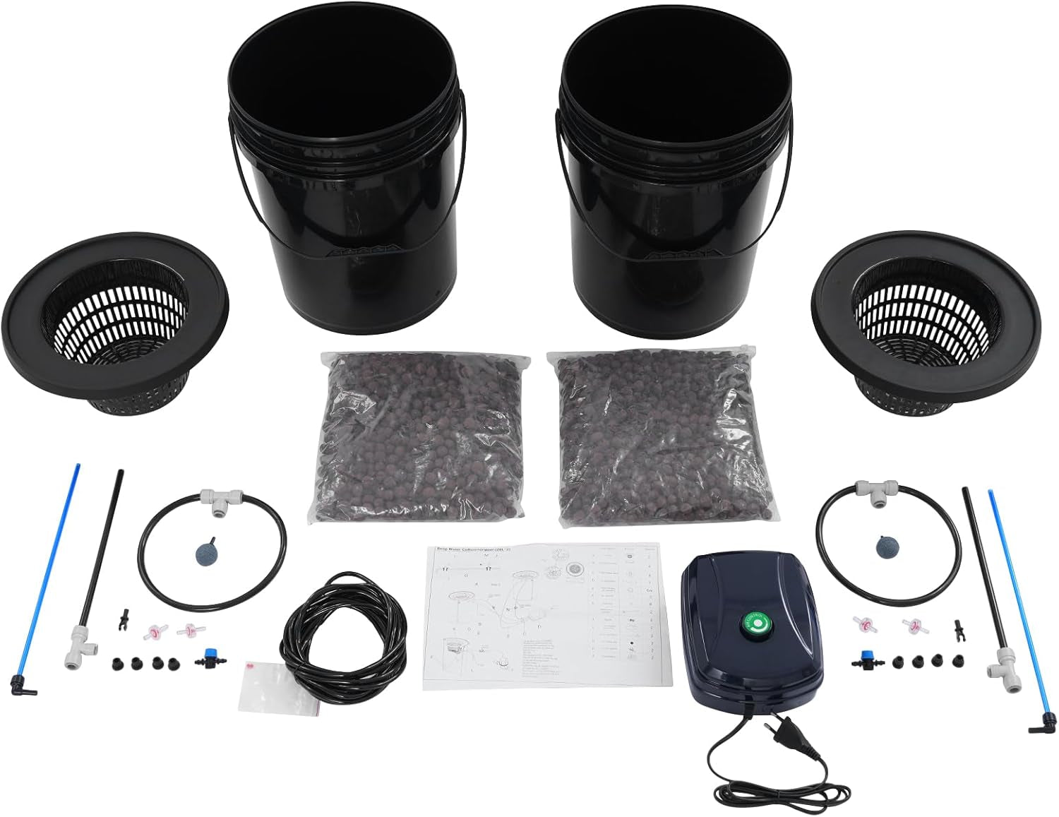 Komplet DWC Hydroponic System Kit med 12W luftpumpe, 2 spande (5 gallon), Hydroponic Grow System, 2 poser Ceramsite, Pot Irrigation Kit