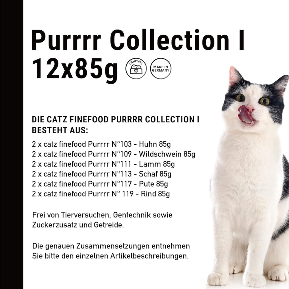 Catz Finefood Purrrr Collection I - Hrană umedă monoproteinică pentru pisici - fără cereale, fără zahăr, hipoalergenică - conținut ridicat de carne - Hrană umedă pentru pisici multipack - în pliculețe, 85 g (12 pachete)