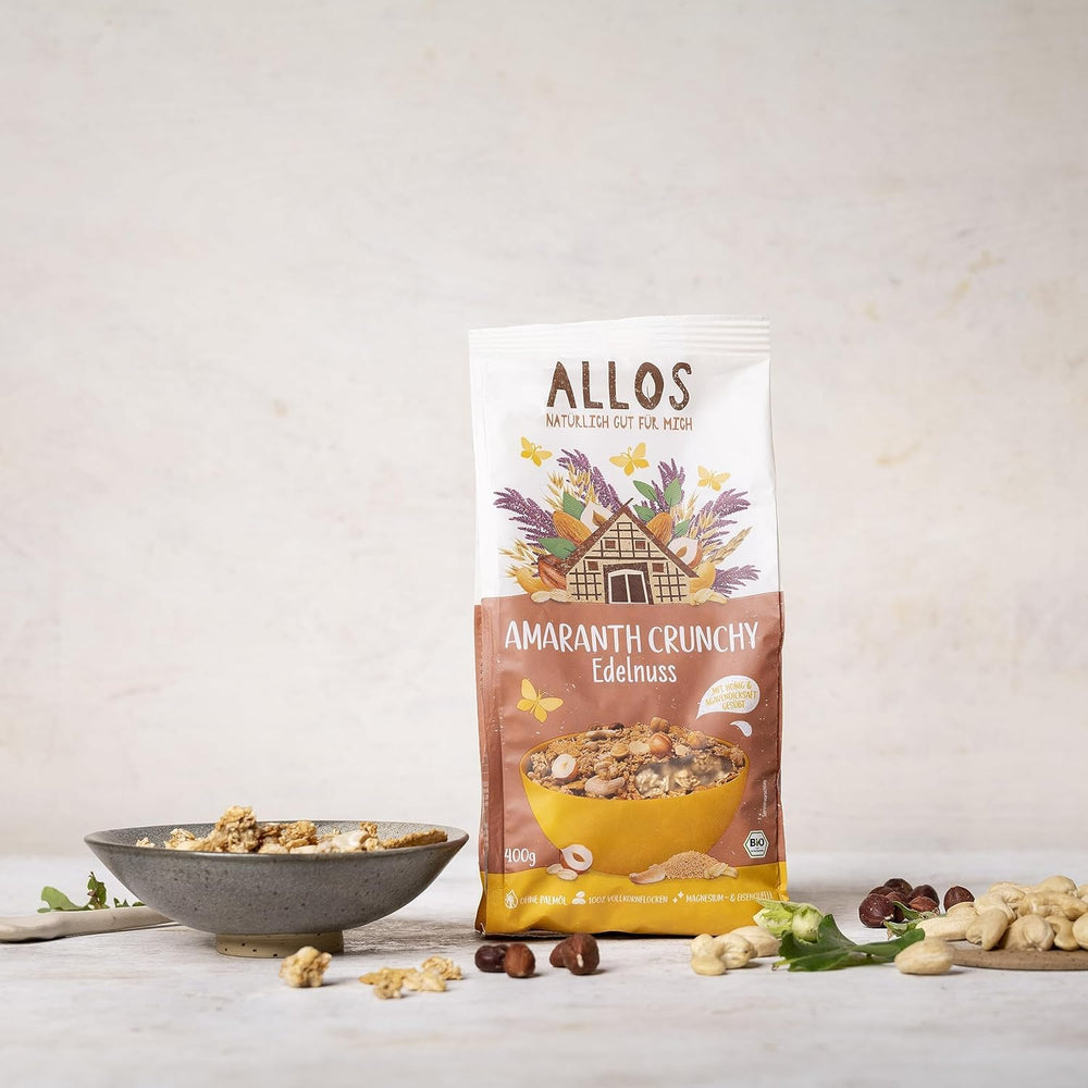 Premium crunchy müsli med valnødder og amaranth Allos | Økologisk müsli | Müsli med nødder | Havregryn | Korn til morgenmad | Vegansk | Pakke med 6 (6 x 400 g)