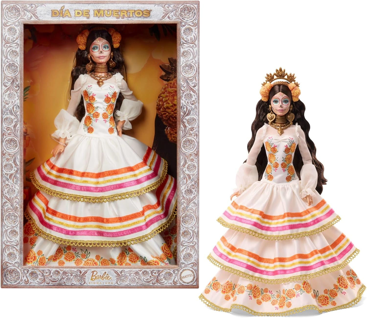 Păpușa Barbie Signature, Ziua Morților 2025, figurină de colecție cu rochie crem cu volane, flori de gălbenele și funde, coroană de flori în păr și vopsea facială Calavera, JBJ05