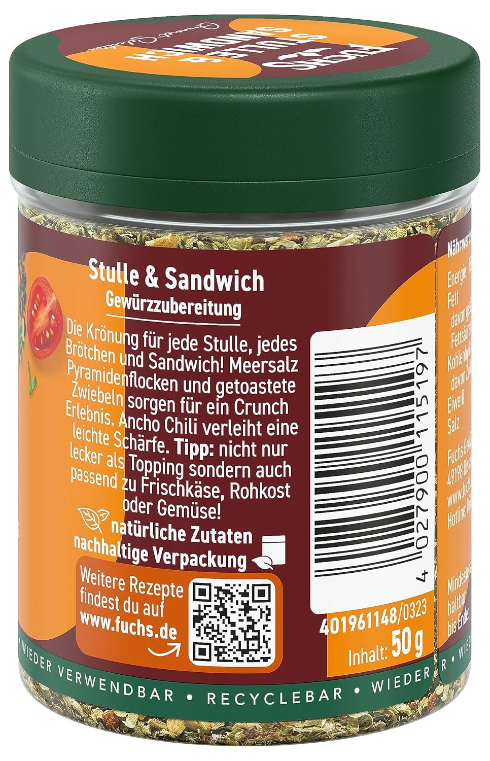 Fuchs Gewürze - Stulle und Sandwich Gewürz - sprød Butterbrot Topping mit Pyramidenflocken und getoasteten Zwiebeln - aus natürliche Ingrediens - 50 g i wiederverwendbarer, genbrugsbarer Dosis