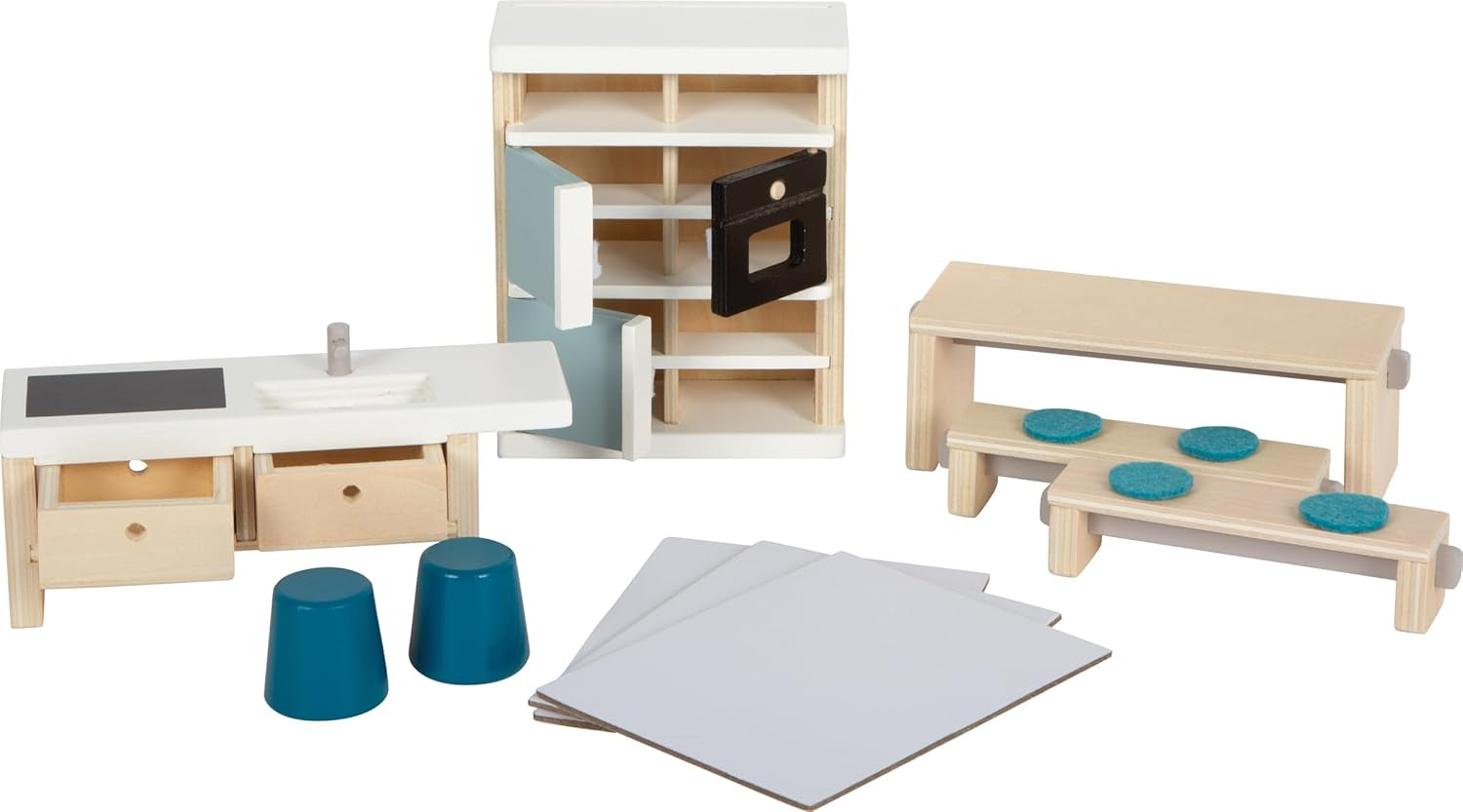 Lille fod, naturlig farve trædukkehus - 3-etagers med tagterrasse og 51-delt møbelsæt tilskynder til kreativ leg, velegnet til alderen 3+ 12541 Naty Shop dukkehuse