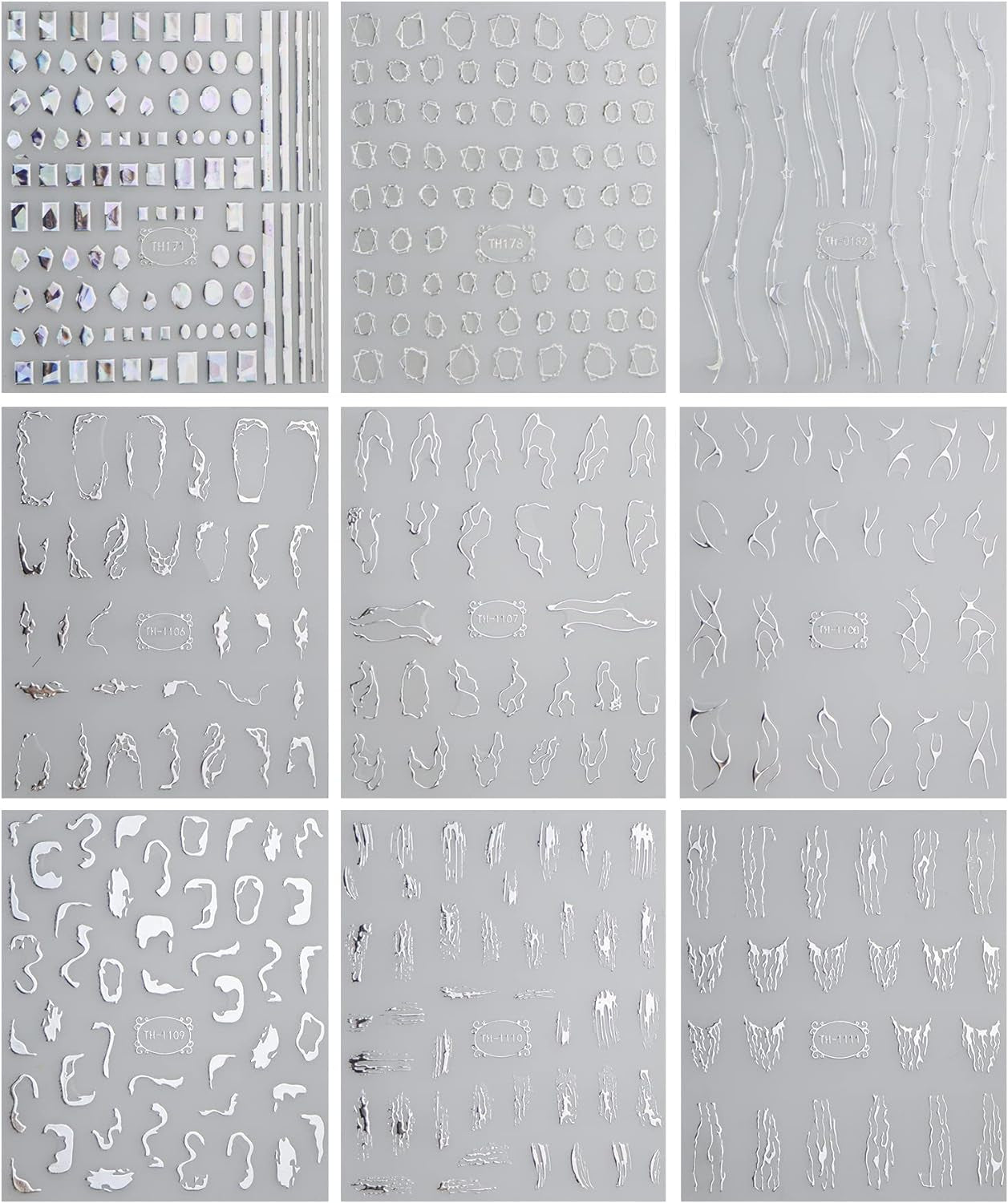 JMEOWIO Nagelsticker Marmor Linie 9 Blatt Nail Art Sticker Selbstklebend Nagelaufkleber Silber Bunt Dekoration Nageldesign Zubehör