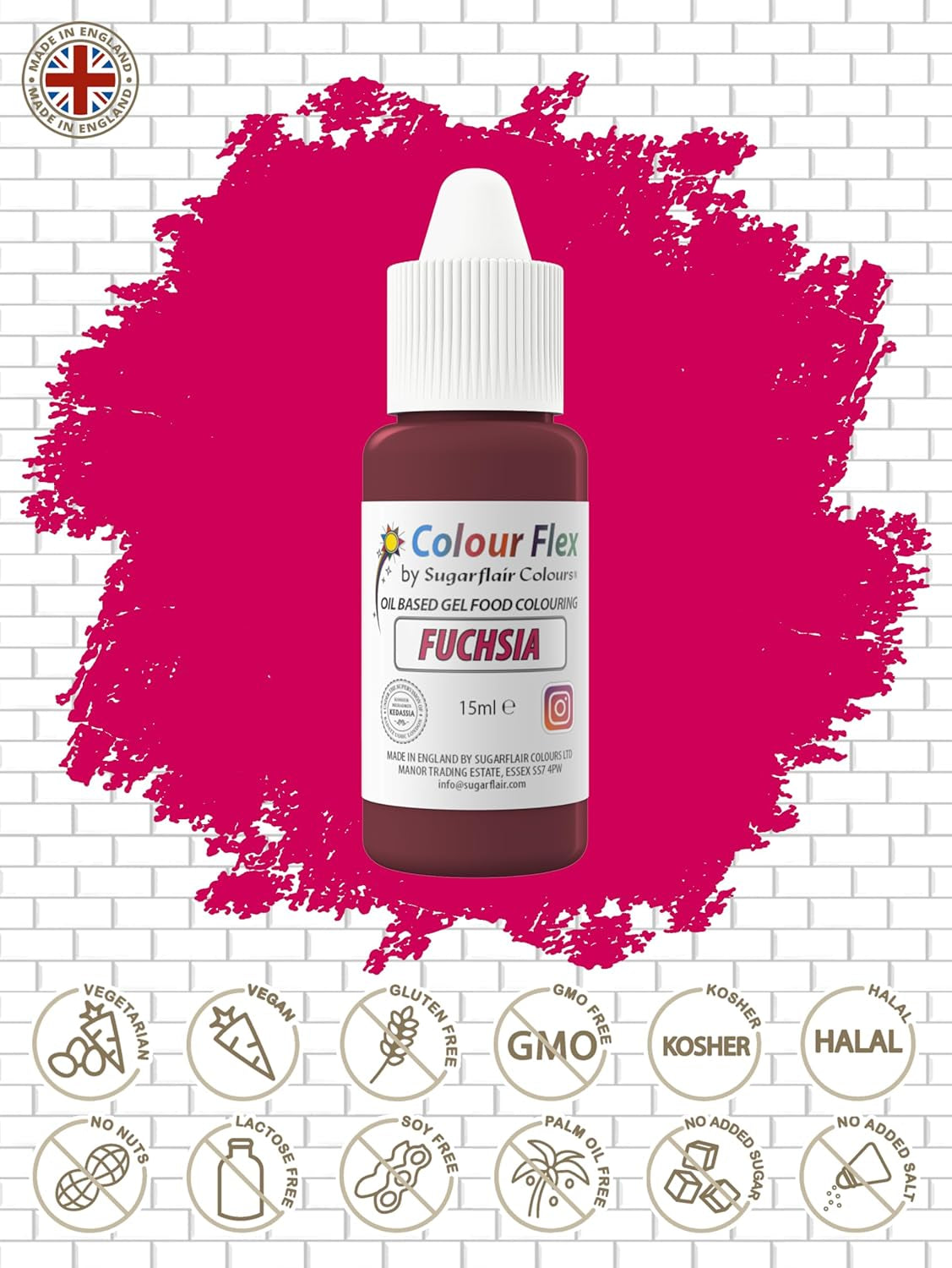Colorant alimentar pe bază de ulei Sugarflair Colourflex Fuchsia, colorant alimentar lichid foarte concentrat, colorant alimentar pentru cremă de unt, ciocolată, aluat, fondant, glazură și multe altele - 15 ml